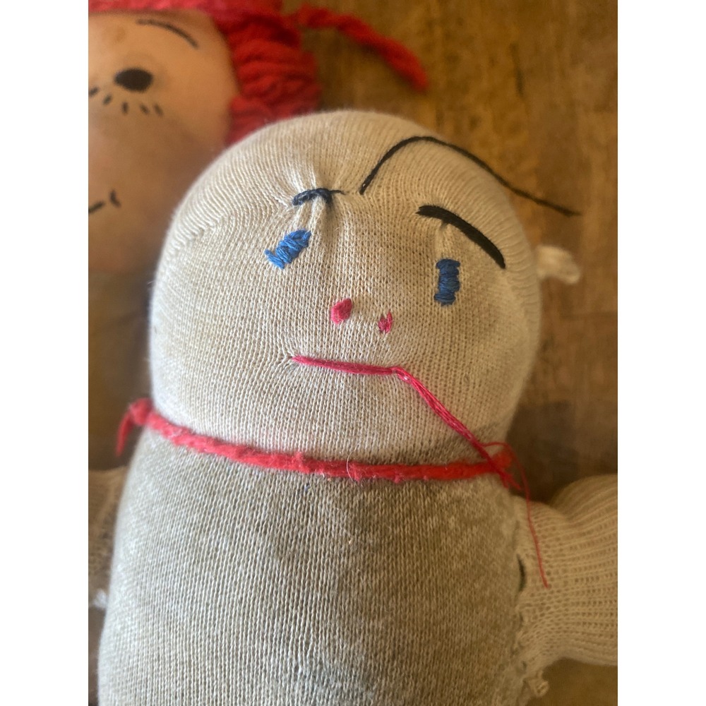 Vintage Handmade Raggedy Ann Cloth Doll and Primitive Sock Doll Folk Art Set 2 - Picture 3 of 4